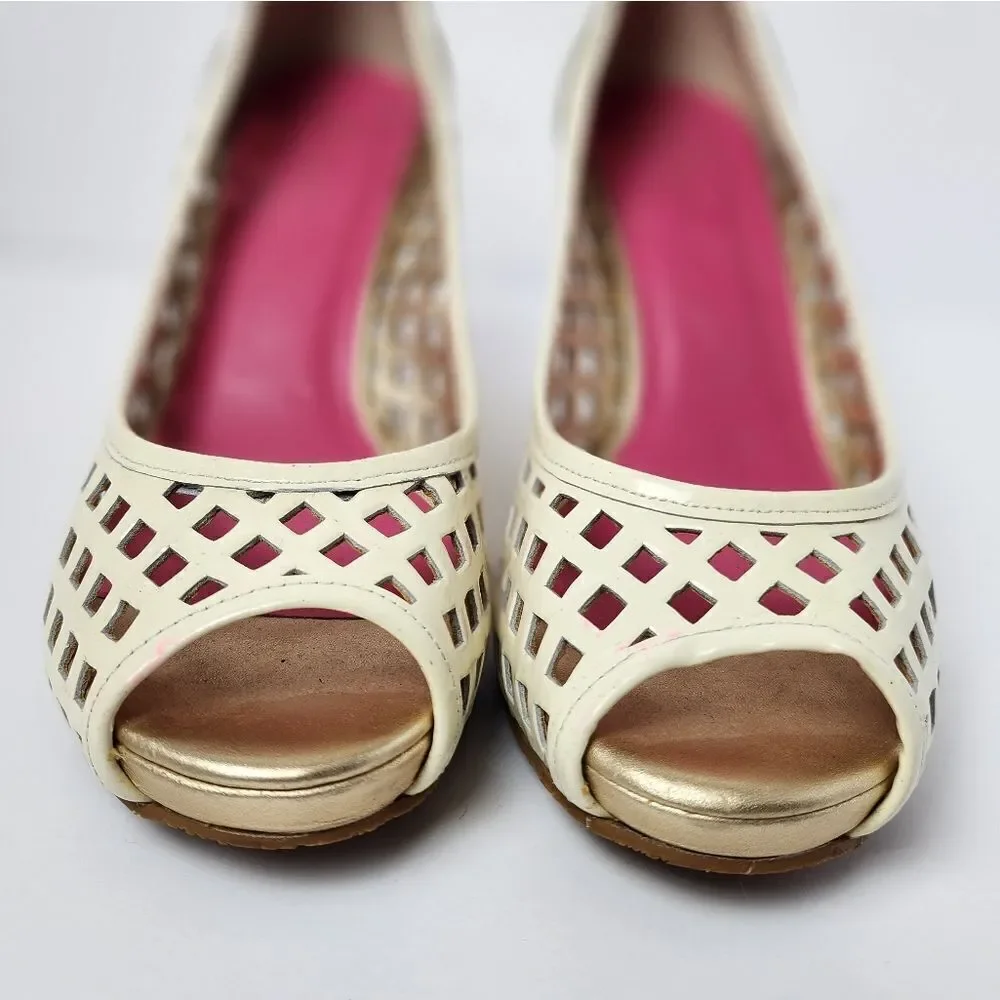 Lilly Pulitzer Resort Chic Basketweave Patent Leather Wedge Cream Size 9.5M US